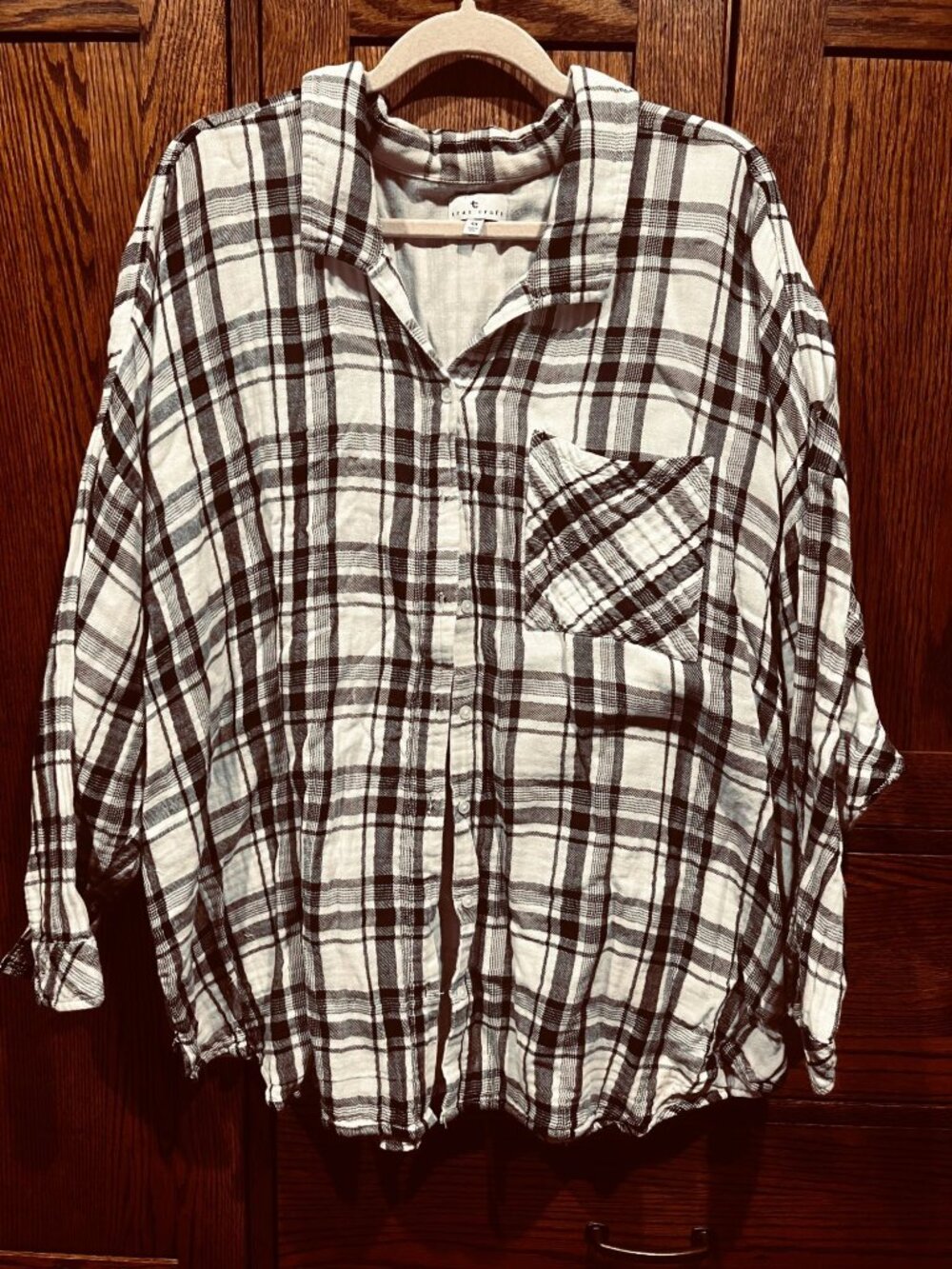 True Craft Womens 4X Black & White Plaid Button-Up Shirt Made In India